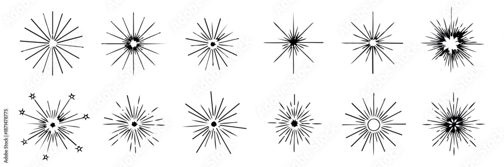 Fototapeta premium Hand drawn star burst set featuring various radial lines for design accents