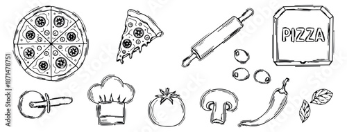 Hand drawn line art pizza set featuring whole pizza, a slice, ingredients, and cooking tools for restaurant menu and fast food delivery
