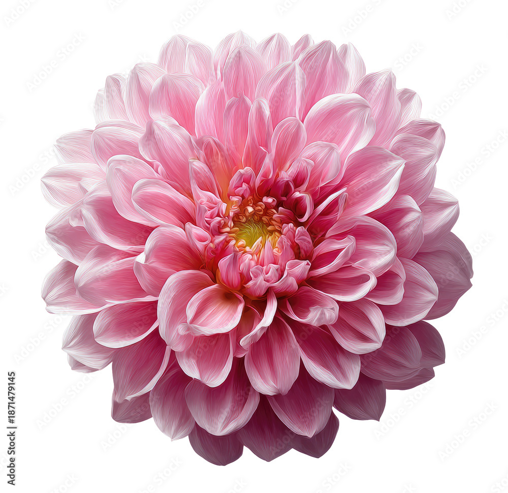 Fototapeta premium Close-up of a vibrant, light pink dahlia flower. Rounded petals form a full, symmetrical bloom. Soft focus highlights the delicate texture of the flower's layers