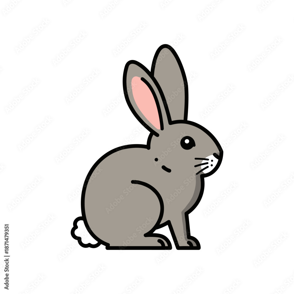 Obraz premium A cute gray rabbit sitting calmly with a fluffy tail, set against a simple white background