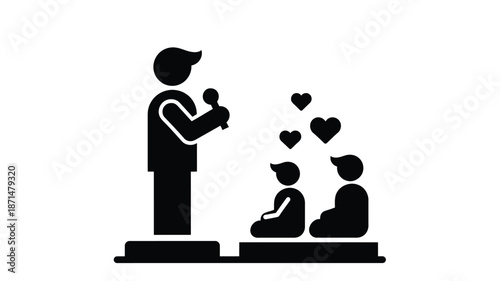 A speaker addressing an audience with hearts emanating towards two seated figures