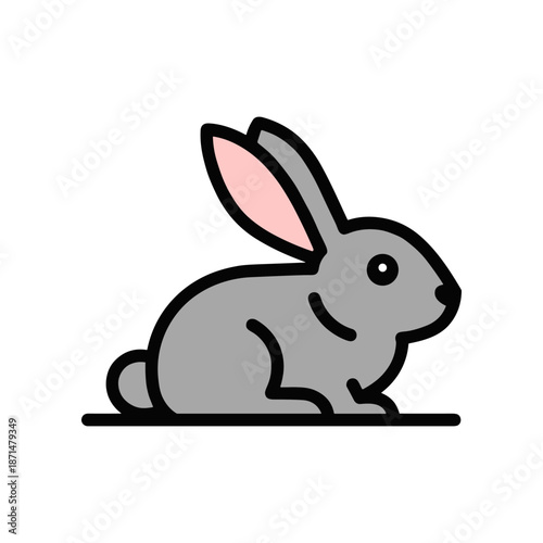 A cute grey rabbit sitting calmly on a surface with a plain background, ideal for pet themes