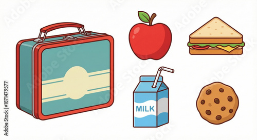 School Lunchbox With Sandwich, Apple, Milk, And Cookie - Vector Art