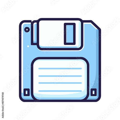 Blue floppy disk icon representing vintage technology with a modern design, isolated on white
