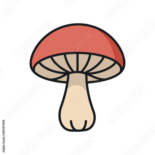 Cartoon-style illustration of a red mushroom with a beige stem, set against a plain background
