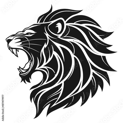 Angry lion head vector illustration, black and white design, animal symbol, copy space