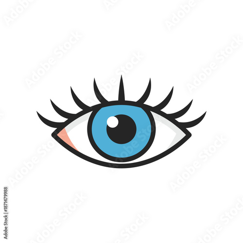 Close-up illustration of a human eye with vibrant blue iris and detailed eyelashes