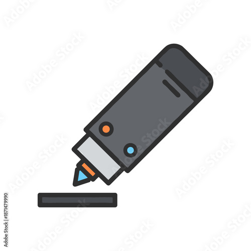 Close-up of a black marker poised above a blank surface, with vibrant colors hinting at creativity