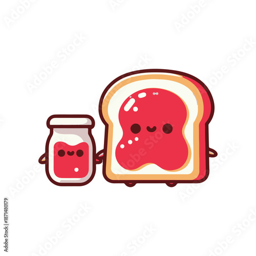 Cute cartoon bread slice with jam jar, smiling together in a cheerful kitchen setting