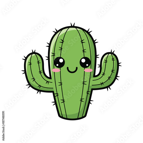 Cute cartoon cactus with smiling face and blushing cheeks on a white background