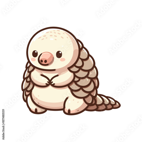 Cute cartoon pangolin character sitting cheerfully with a playful expression on a white background