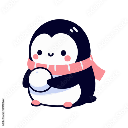 Cute cartoon penguin wearing a pink scarf, holding a snowball in a wintery scene