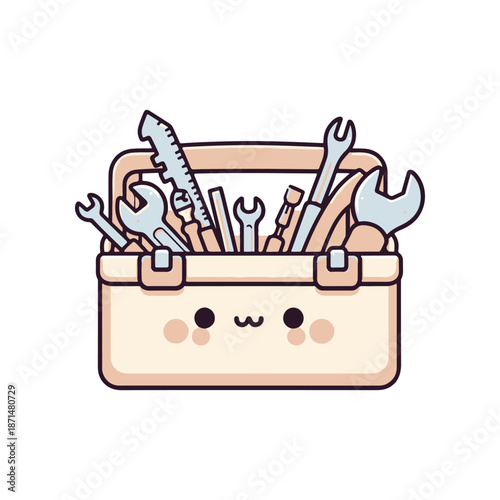 Cute cartoon toolbox filled with various tools, set against a simple white background