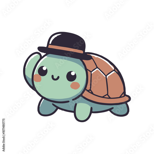 Cute cartoon turtle wearing a hat, waving cheerfully against a simple white background