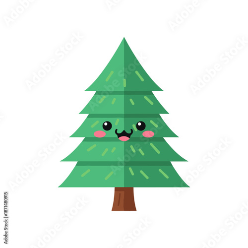 Happy cartoon Christmas tree with smiling face and pink cheeks on a white background
