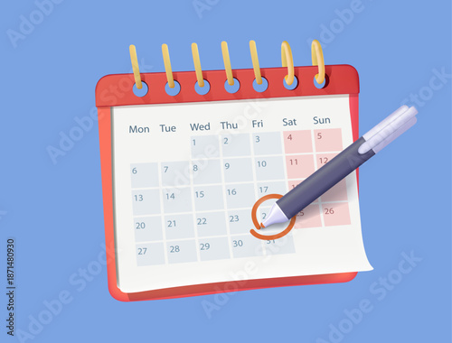 Pen mark calendar date 3D render vector illustration. Pen puts a checkmark in calendar, deadline notice, event reminder