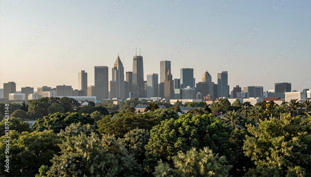 Fototapeta premium City Skyline Surrounded Lush Greenery Under Clear Skies