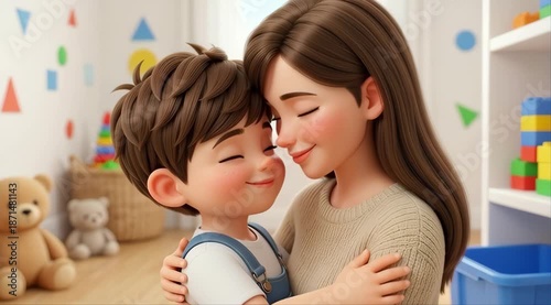 Cute cartoon mother and son hugging with love in nursery 3D animation