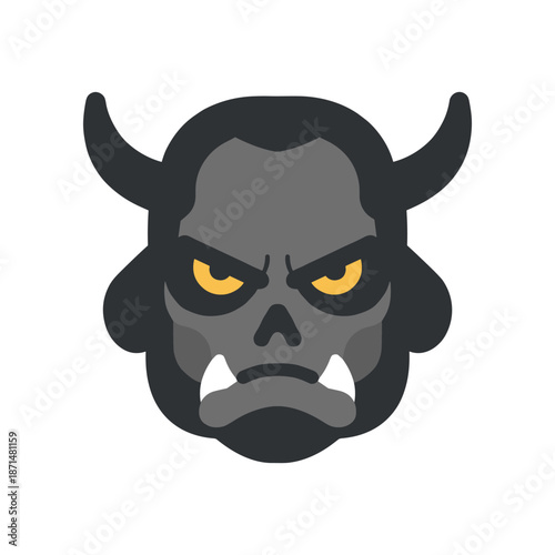 Stylized illustration of a menacing gray demon head with yellow eyes and sharp fangs