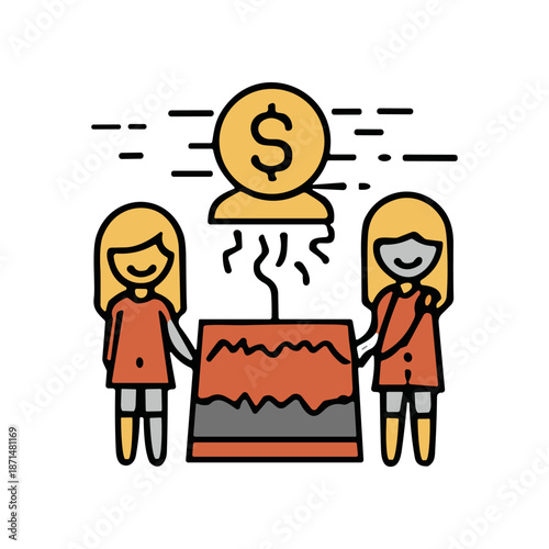 Two cartoon characters engaged in a money-making activity with a money symbol above