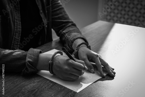 Quadro su tela Handcuffed woman writing confession at table, closeup
