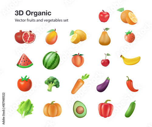 Set of fruits and vegetables modern cartoon 3D vector illustration set. Fresh healthy food. Organic natural vegetarian