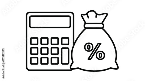 Calculator and money bag outline representing finances accounting and economic calculations visually