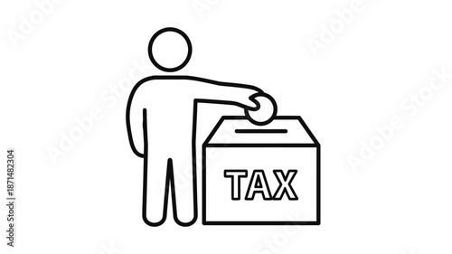 A simple line drawing depicts a person depositing money into a box labeled tax