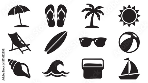 Black beach icons on white background summer vacation symbols