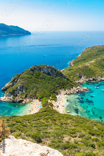 Aerial view of Porto Timoni. One of main attractions Corfu or Kerkyra island. Greece.