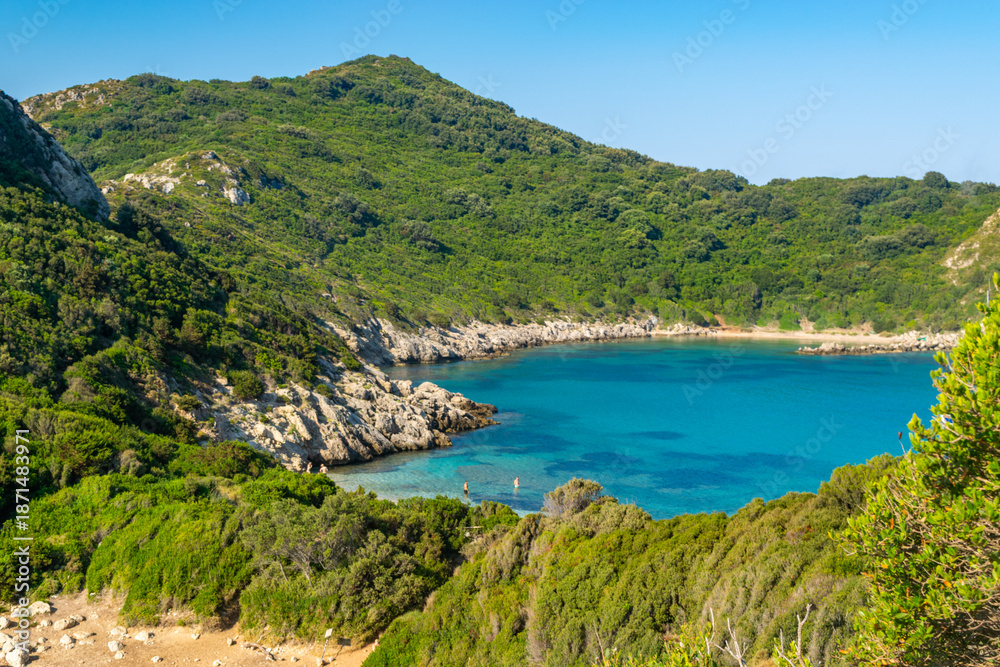 Obraz premium Aerial view of Porto Timoni. One of main attractions Corfu or Kerkyra island. Greece.