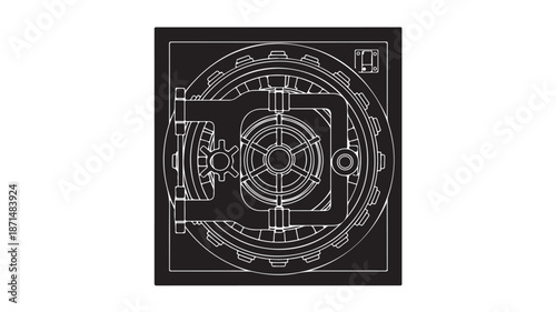 Vault Door Mechanism Blueprint on Black Background