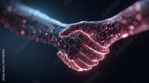 A digital handshake represented by interconnected nodes and lines symbolizes collaboration, technology, and futuristic business practices in a virtual realm.