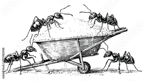 Ants Carrying Sugar in Vector Wheelbarrow Outlined Illustration