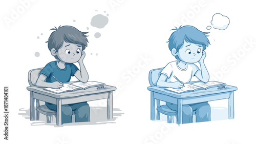 Bored Kid in Classroom Doing Homework or Sitting on Boring School Lesson
