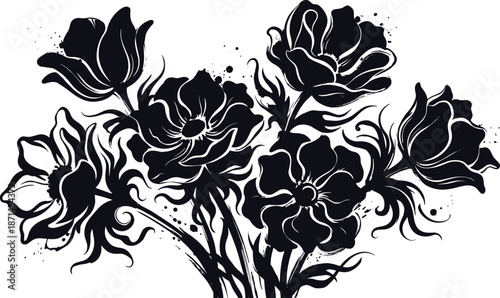 Stylized flower bouquet, black and white petals, bold outlines, artistic splatter effect, expressive floral design, dramatic composition, flat vector illustration