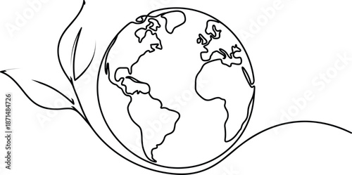 Earth with leaf drawing, environmental sustainability artwork, eco friendly planet design, global nature conservation illustration, ecology balance symbol, flat vector illustration