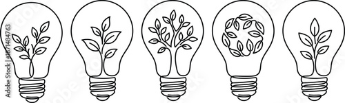 Eco light bulbs with plant designs, sustainable energy concept, green innovation symbol, minimalist nature sketch, clean line style, flat vector illustration
