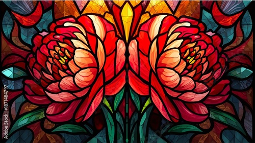 Abstract floral background with two blooming red peony flowers