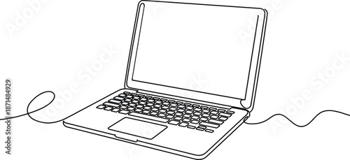 Laptop continuous line drawing, minimalist computer artwork, modern technology design, digital device illustration, creative gadget sketch, abstract symbol, flat vector illustration