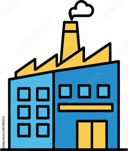 Blue and yellow factory building with a smoking chimney on a white background Keywords: factory,... power