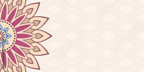 Horizontal mandala banner. Decorative flower mandala background with place for text. Colorful abstract graphics. Arabic Islamic east style. Vector color illustration.