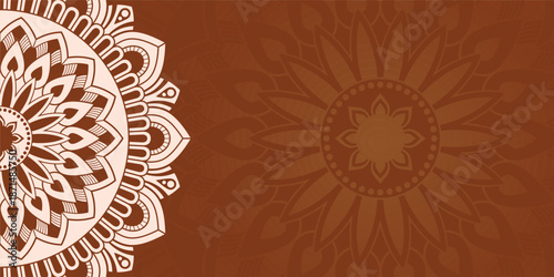 Horizontal color vector mandala banner. Decorative flower mandala on brown background. Luxury mandala color vector background. Arabic, islamic east style. Vector color illustration.