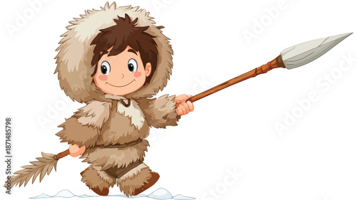 Cute Eskimo Boy with Spear Cartoon Vector Illustration Isolated