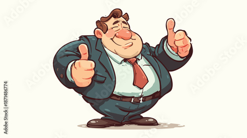 Smiling Cartoon Fat Big Boss Thumbs Up Vector Illustration Isolated with Outline