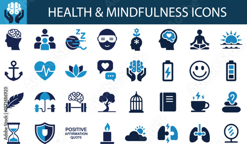 Health mindfulness and mental wellness meditation icon set. Featuring psychological therapy, emotional balance, stress relief, and zen lifestyle symbols.