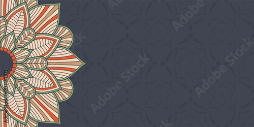 Horizontal mandala banner. Decorative flower mandala background with place for text. Color mandala on dark background. Arabic Islamic style. Beige, orange, green color mandala. Vector illustration.