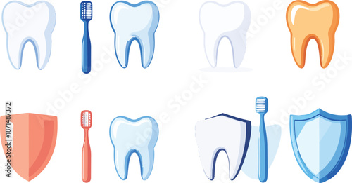 Dental Care Icon Set Featuring Toothbrush And Tooth Shield Representing Oral Hygiene