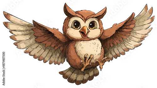 Cute Cartoon Owl Illustration Flapping Wings and Smiling with Outline