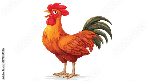 Colorful Cartoon Rooster Crowing on White Background Vector Illustration